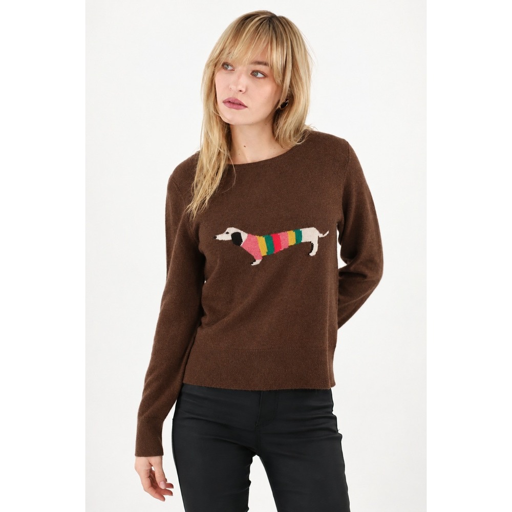 Estheme 100% Cashmere Chocolate Brown Dachsund Dog Motif Large Quiet Luxury